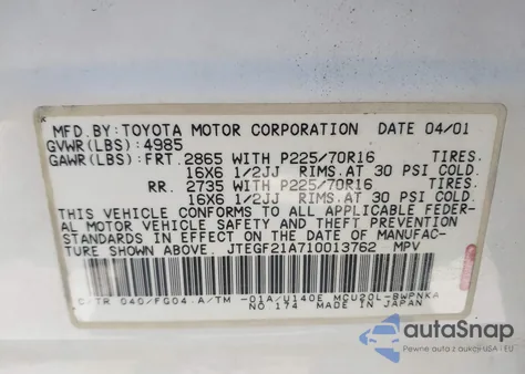 2001 Toyota Highlander V6 z USA, uszkodzony, nr VIN JTEGF21A710013762